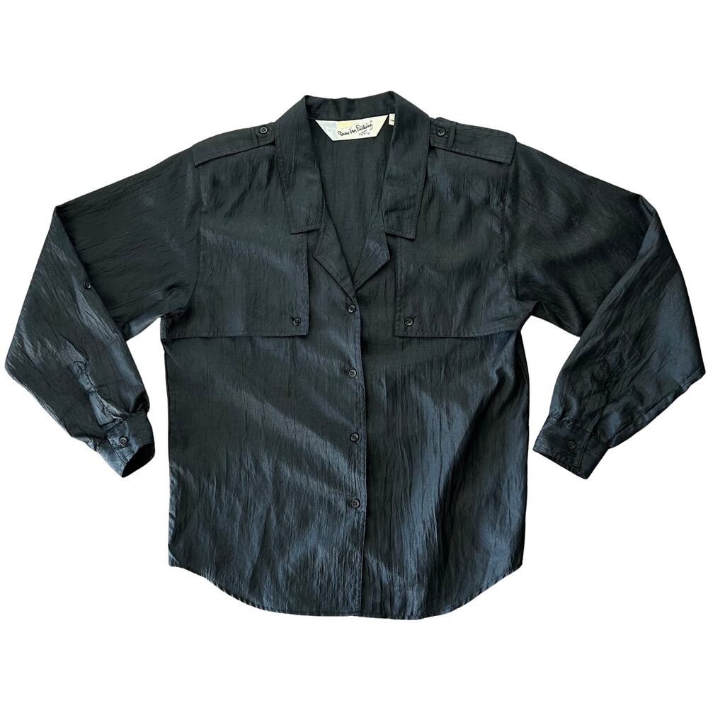 DVF Black Utility Blouse Epaulet Roll Tab Boxy Vintage Diane von Furstenberg